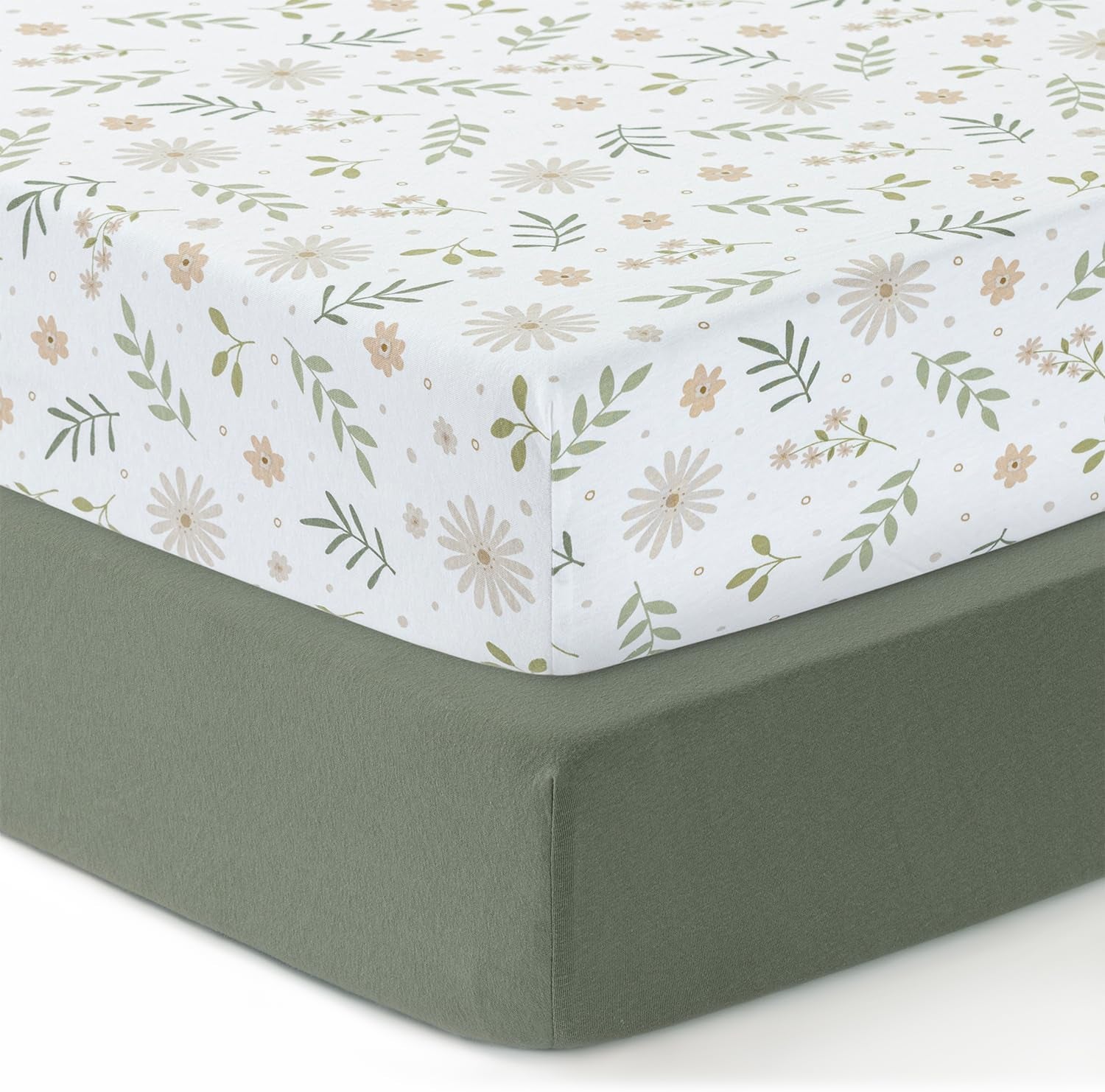 Cotton Cot Sheets,100% Cotton Jersey Sheet, Soft and Breathable Fitted Sheet, Girls, Boys,Baby Mattress Sheet,Crib Sheets,Cot Sheets 120X60 Fitted | Green, Flowers