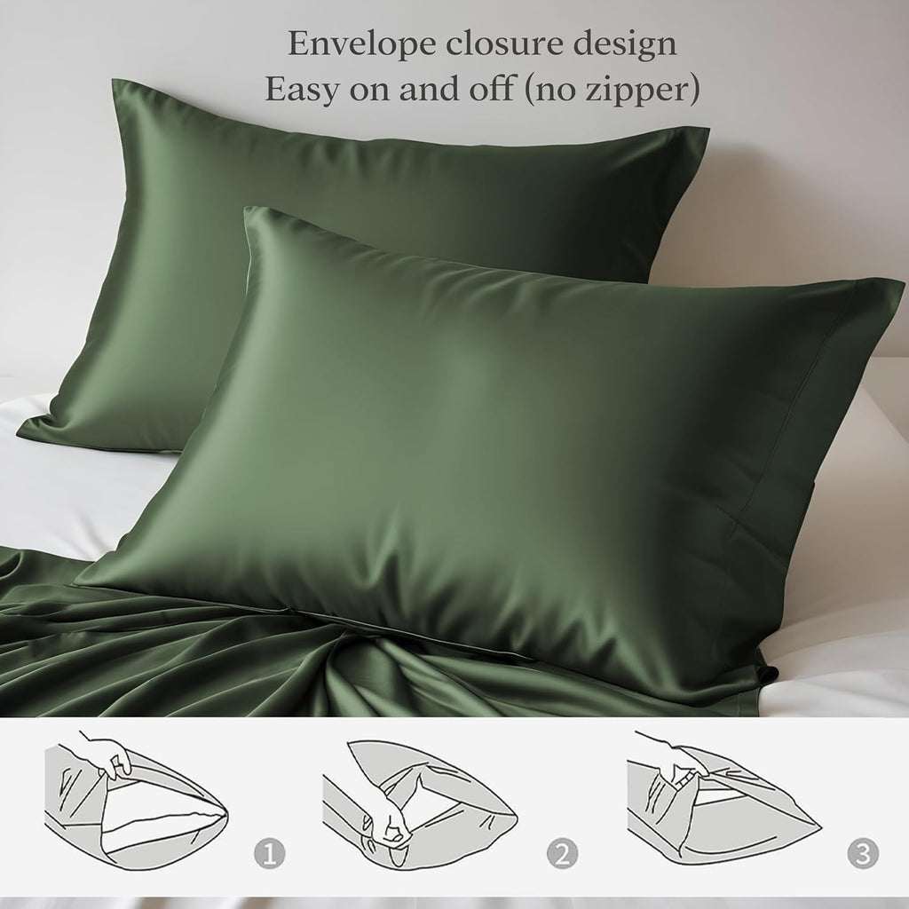100% Organic Bamboo Pillow Cases Pack of 2- Silk Pillowcases for Hair and Skin, Soft, Breathable, Cooling Pillowcases for Standard Size Pillow (Standard, Avocado Green)
