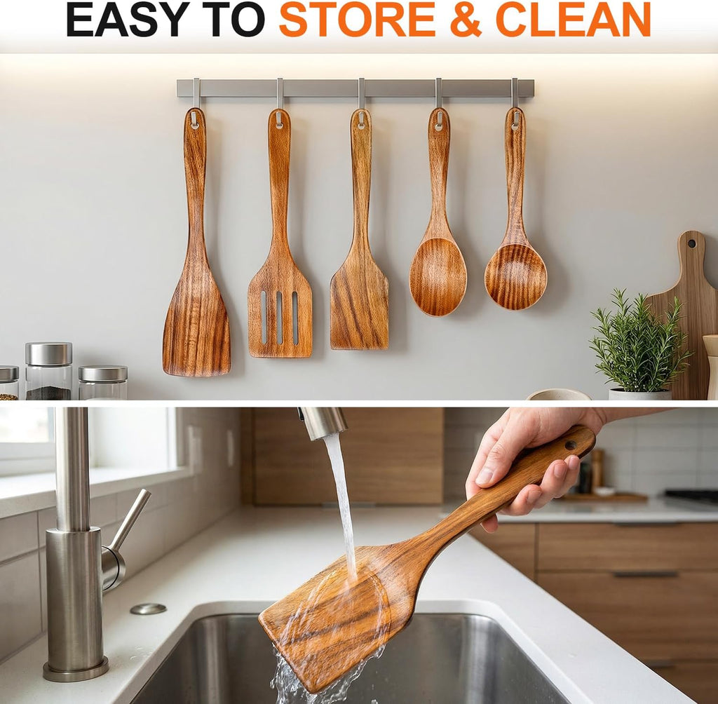 5 Pcs Luxury Wooden Kitchen Utensils Spoons Non Stick Spatula Cooking Utensil Set-Best Wood Spatulas Paddle, Slotted Spatula, Angled Turner Spatulas, Serving Cooking Spoon & Mixing Spoon Utensils