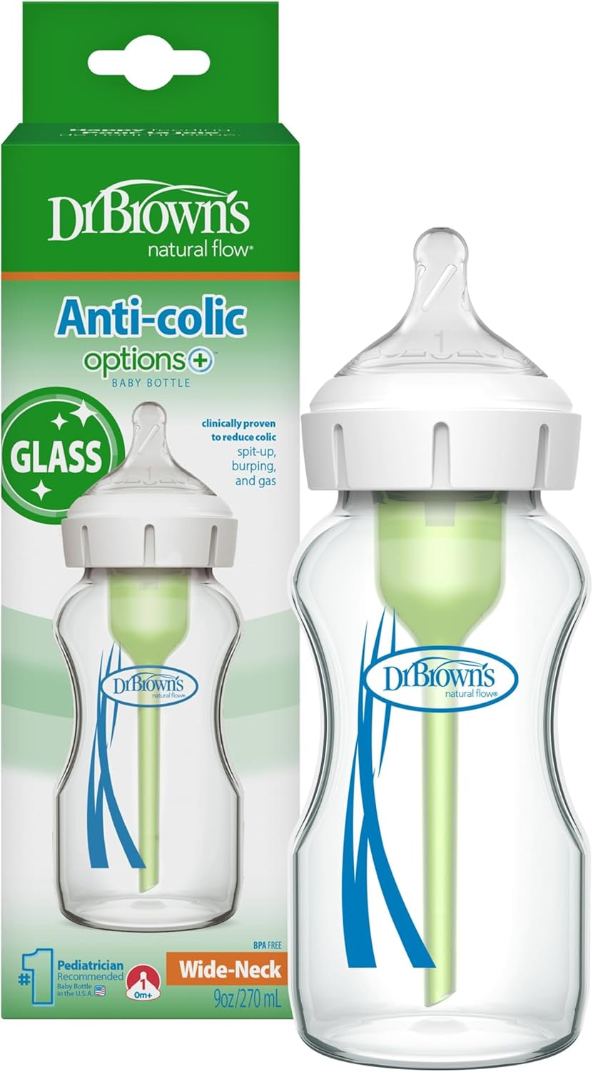Natural Flow Options+ Anti-Colic Wide Neck Baby Bottles, Glass, Green, 270 Ml