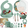 17-Piece Baby Led Weaning Feeding Supplies for Toddlers,Baby Feeding Set | Suction Silicone Baby Bowl Self Eating Utensils with Fruit Feeder, Cup, Bibs, Food Plate Kit with Lid | Green V2