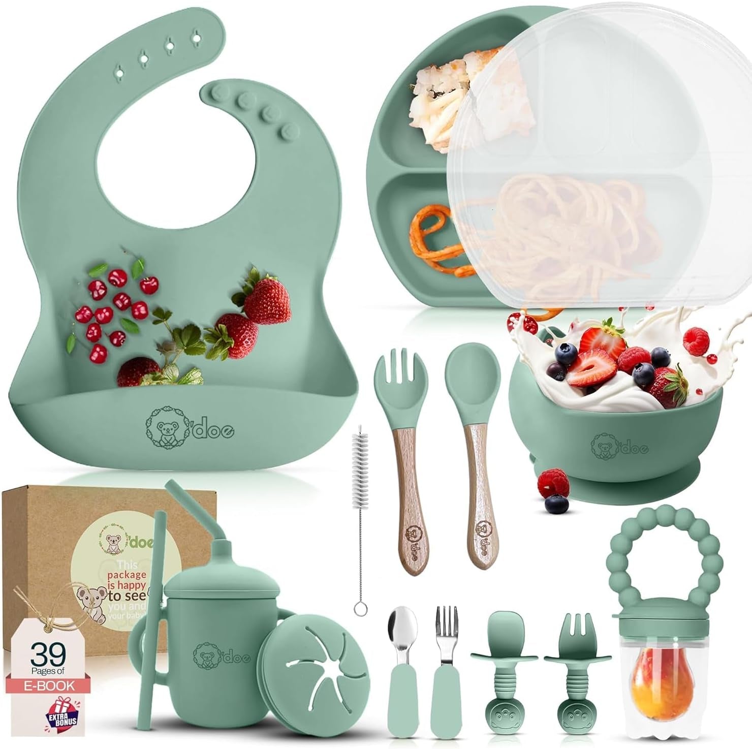 17-Piece Baby Led Weaning Feeding Supplies for Toddlers,Baby Feeding Set | Suction Silicone Baby Bowl Self Eating Utensils with Fruit Feeder, Cup, Bibs, Food Plate Kit with Lid | Green V2