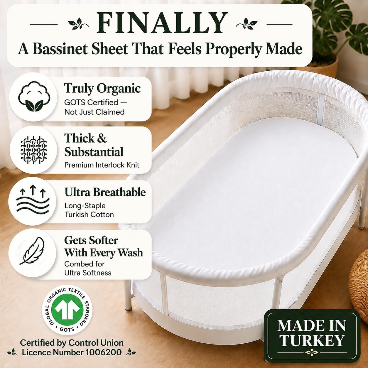 Organic Next to Me Crib Sheets – Gots Certified Thickest & Softest GOTS Organic Cotton 200GSM – Bedside Sleeper Sheet 51X85 / 50X90 Next2Me Cozee Bedside Crib Fitted Mattress Sheets