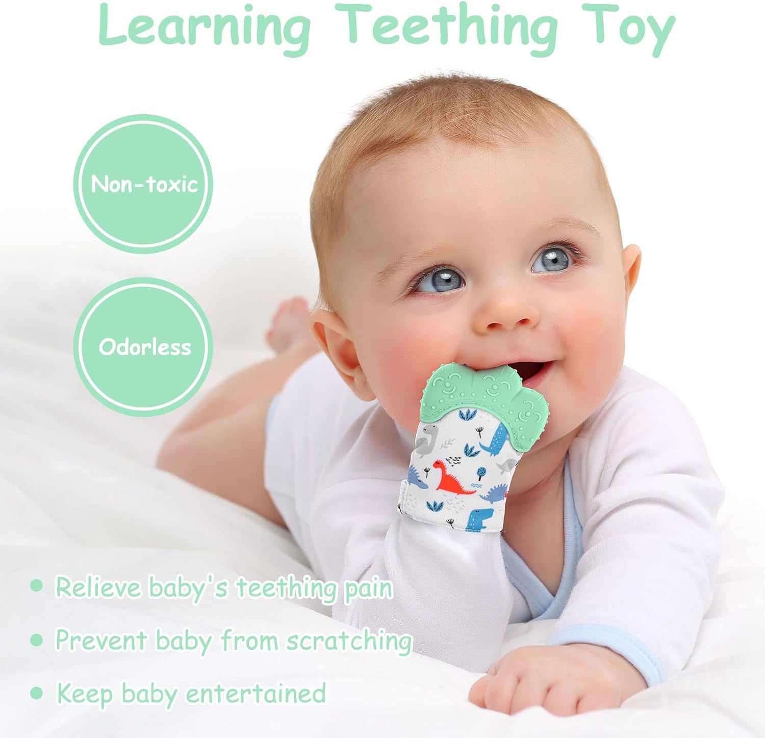 Baby Teething Set, 2 Pack Teething Mittens for Baby, Includes 2 Silicone Mitten Teether Glove,Dinosaur Teething Glove, Infant Soothing Pain Relief Mitt Baby Teether Mits for Baby