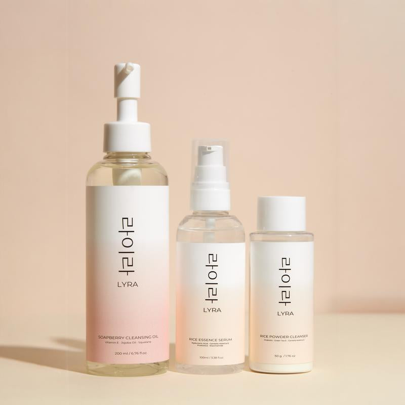 [Lyra Official] 3-Step Korean Glow Skincare Set | Soapberry Oil, Rice Powder Cleanser, Rice Essence Serum | for Hydrated, Glowing, Balanced Skin