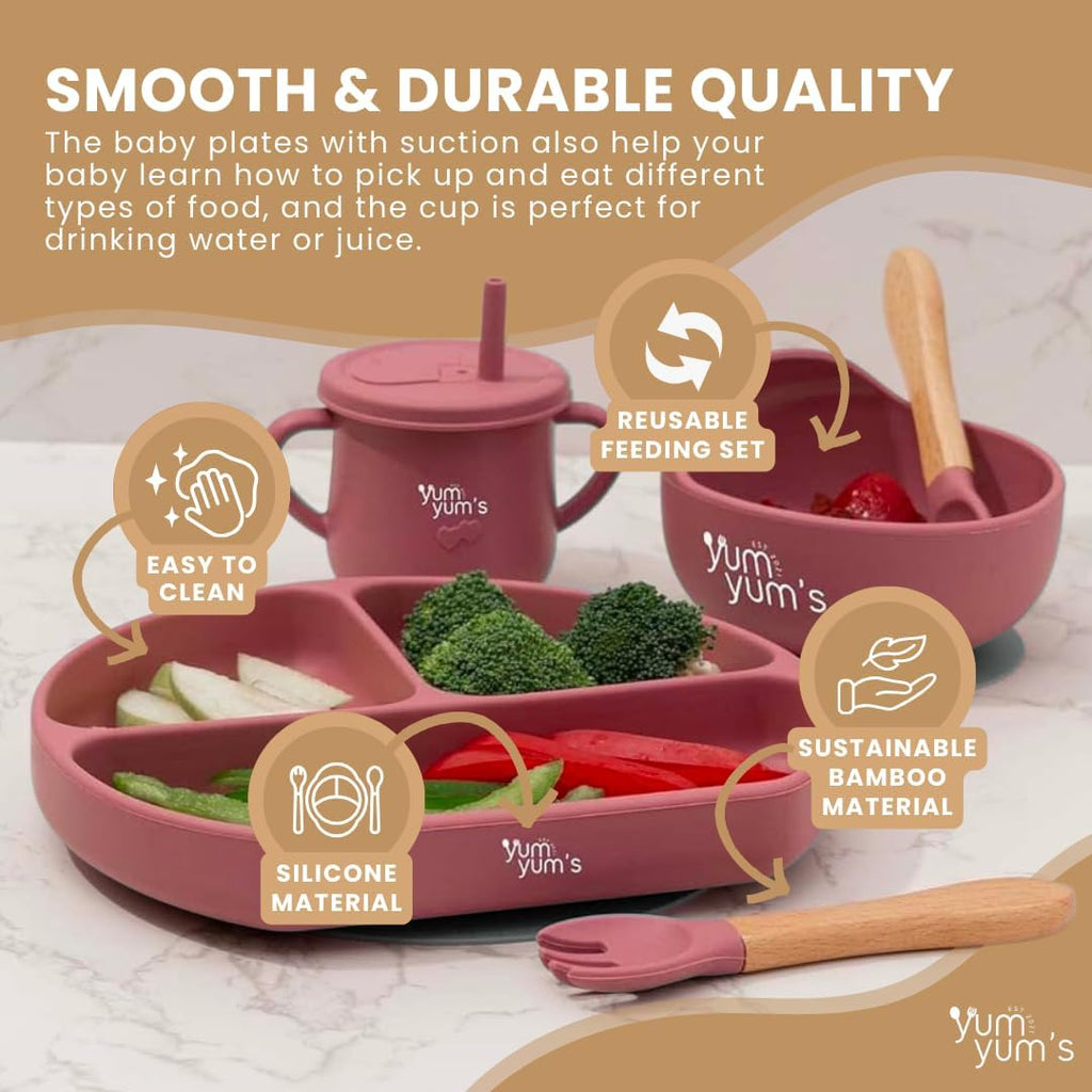 Baby 10 Pcs Pink Weaning Set - Complete Toddler Feeding Kit W/Sectioned Plate, Suction Bowls, Cutlery with Mouth Guard, Straw Cup, Bib & Mat - Non-Slip - for Toddlers & Baby Gift
