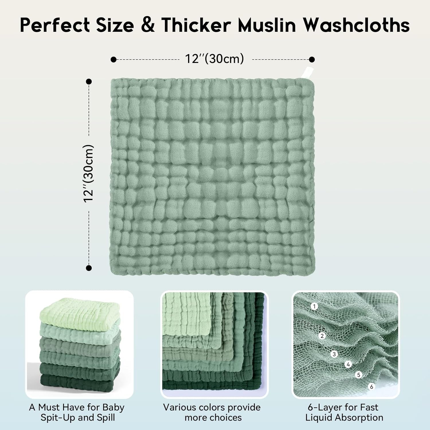 Muslin Cloths for Baby 100% Cotton Muslin Squares Baby Wash Cloth Baby Essentials for Newborn Boys Girls Large 30X30Cm Extra Soft and Absorbent 6 Pack - Gradient Green