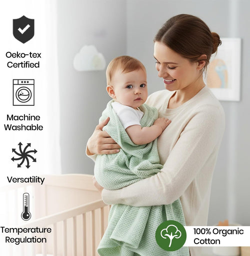 - Cellular Blankets Baby | 100% Pure Organic Cotton | Baby Blanket - 70 X 90 Cm | Warm & Cosy Baby Blankets | Baby Blanket for Newborn | Perfect for Pram/Travel/Moses Baskets (Green/Ivory)