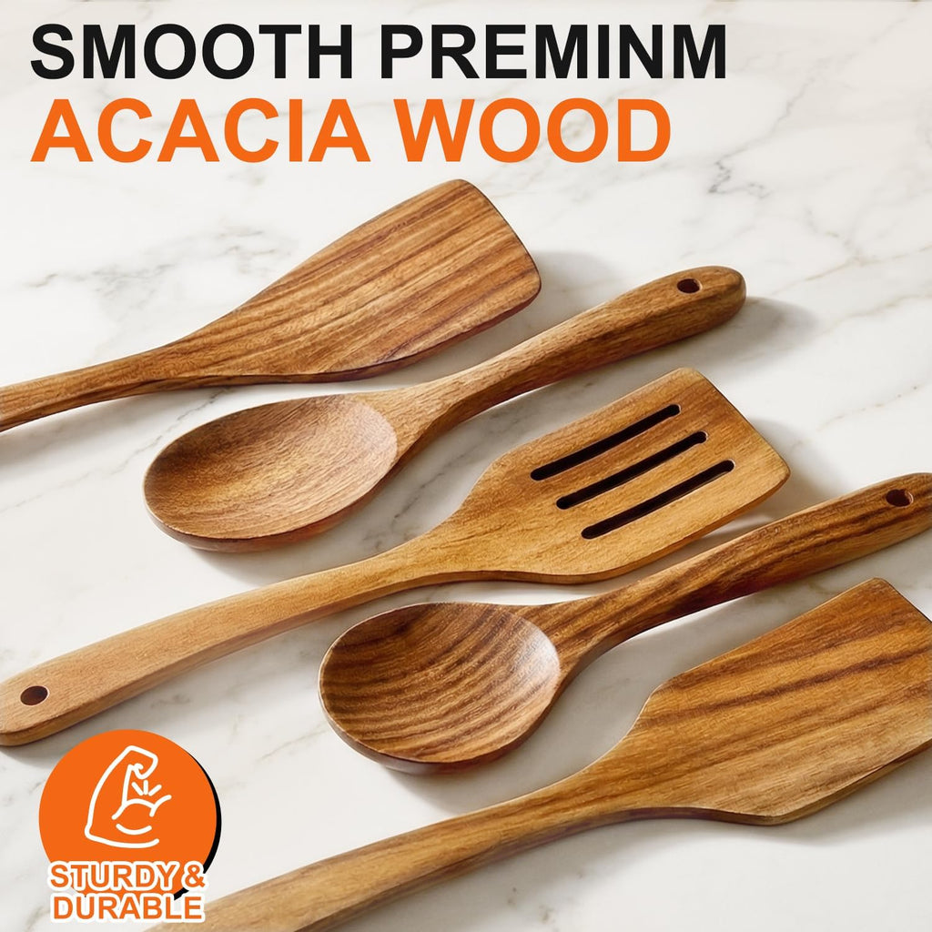 5 Pcs Luxury Wooden Kitchen Utensils Spoons Non Stick Spatula Cooking Utensil Set-Best Wood Spatulas Paddle, Slotted Spatula, Angled Turner Spatulas, Serving Cooking Spoon & Mixing Spoon Utensils