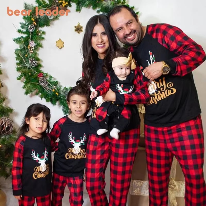 Christmas Father Mother Kids Clothes Top+Pants Family Matching Outfit Lattice Xmas Sleepwear Pj'S Set Baby Romper