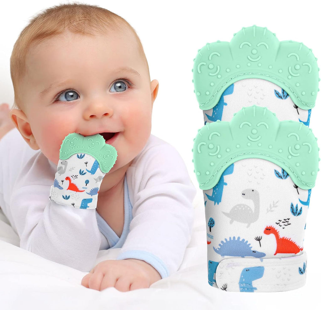Baby Teething Set, 2 Pack Teething Mittens for Baby, Includes 2 Silicone Mitten Teether Glove,Dinosaur Teething Glove, Infant Soothing Pain Relief Mitt Baby Teether Mits for Baby