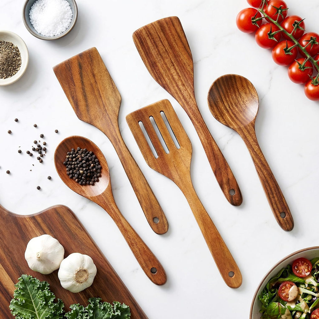 5 Pcs Luxury Wooden Kitchen Utensils Spoons Non Stick Spatula Cooking Utensil Set-Best Wood Spatulas Paddle, Slotted Spatula, Angled Turner Spatulas, Serving Cooking Spoon & Mixing Spoon Utensils