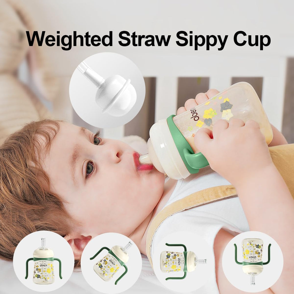 Baby Sippy Cup, Weighted Straw Trainer Cup, Toddler Drinks Water Bottle with Leak-Proof Valve Spout for 6+ Months, No Spill Training Cup with Handles for 12+ Months Learners 240Ml/Pink