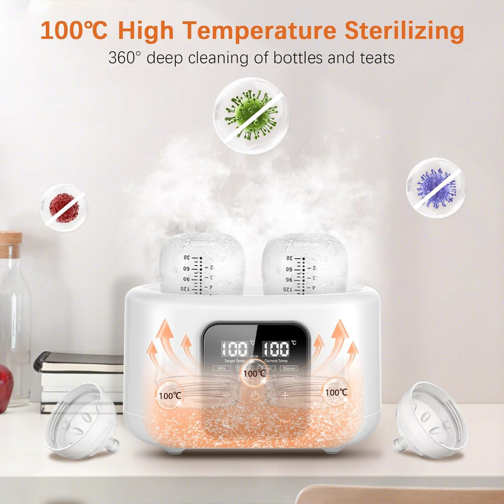 Baby Bottle Warmer 6-In-1 with Temp Control, Fast Warming in Minutes for Breastmilk & Formula, Milk Warmer with Digital LCD, Portable Bottle Steriliser for Travel and Home Use