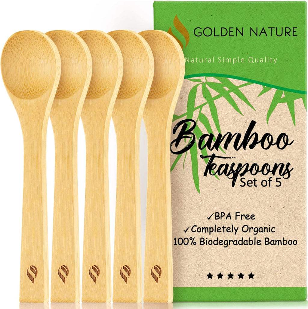 Bamboo Spoon Set - 5 Pc - Small Kitchen Teaspoons - Tiny Wooden Spoons for Sugar, Spices, Seasoning, Coffee, Jam, Herbs, Honey & Dessert