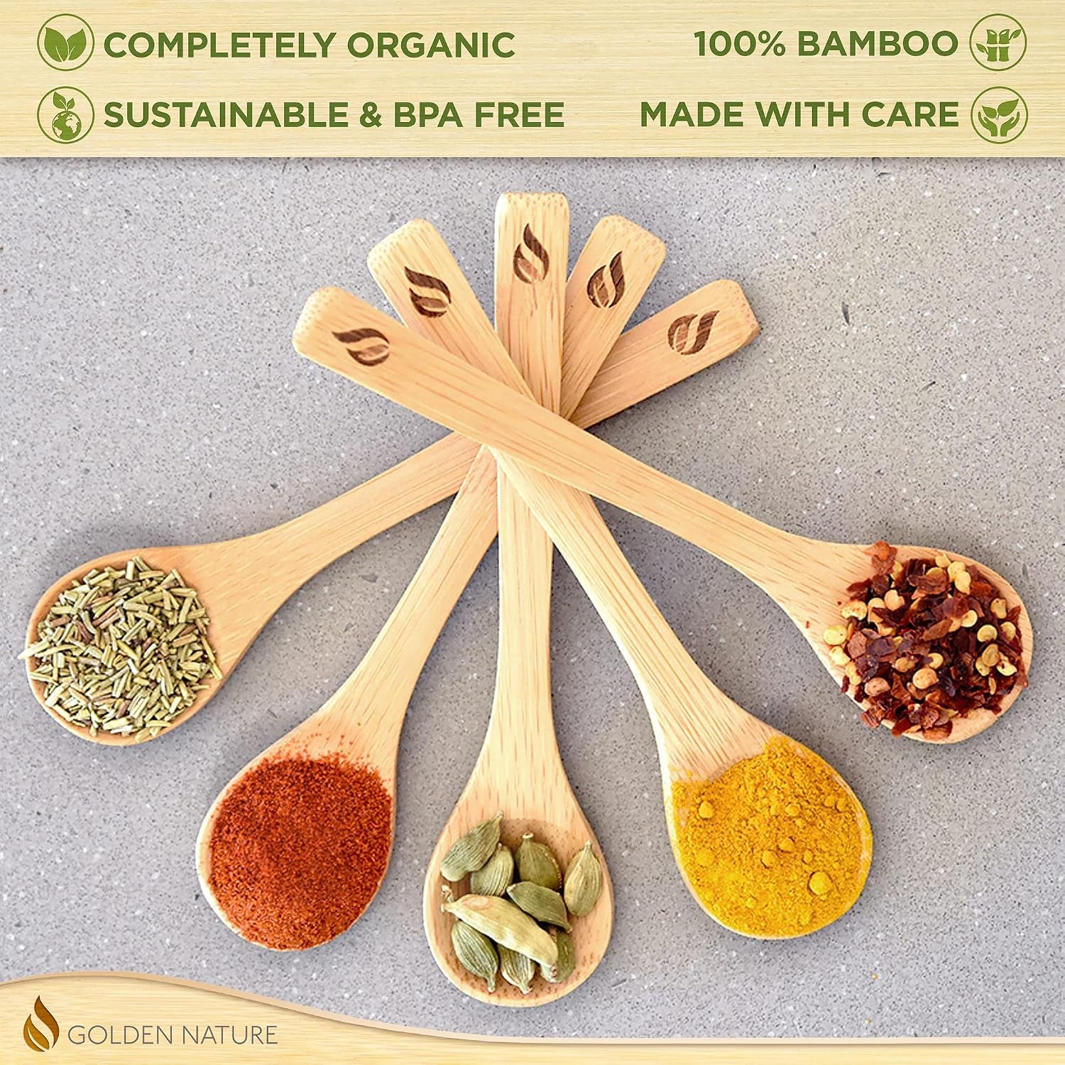 Bamboo Spoon Set - 5 Pc - Small Kitchen Teaspoons - Tiny Wooden Spoons for Sugar, Spices, Seasoning, Coffee, Jam, Herbs, Honey & Dessert