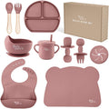 Baby 10 Pcs Pink Weaning Set - Complete Toddler Feeding Kit W/Sectioned Plate, Suction Bowls, Cutlery with Mouth Guard, Straw Cup, Bib & Mat - Non-Slip - for Toddlers & Baby Gift