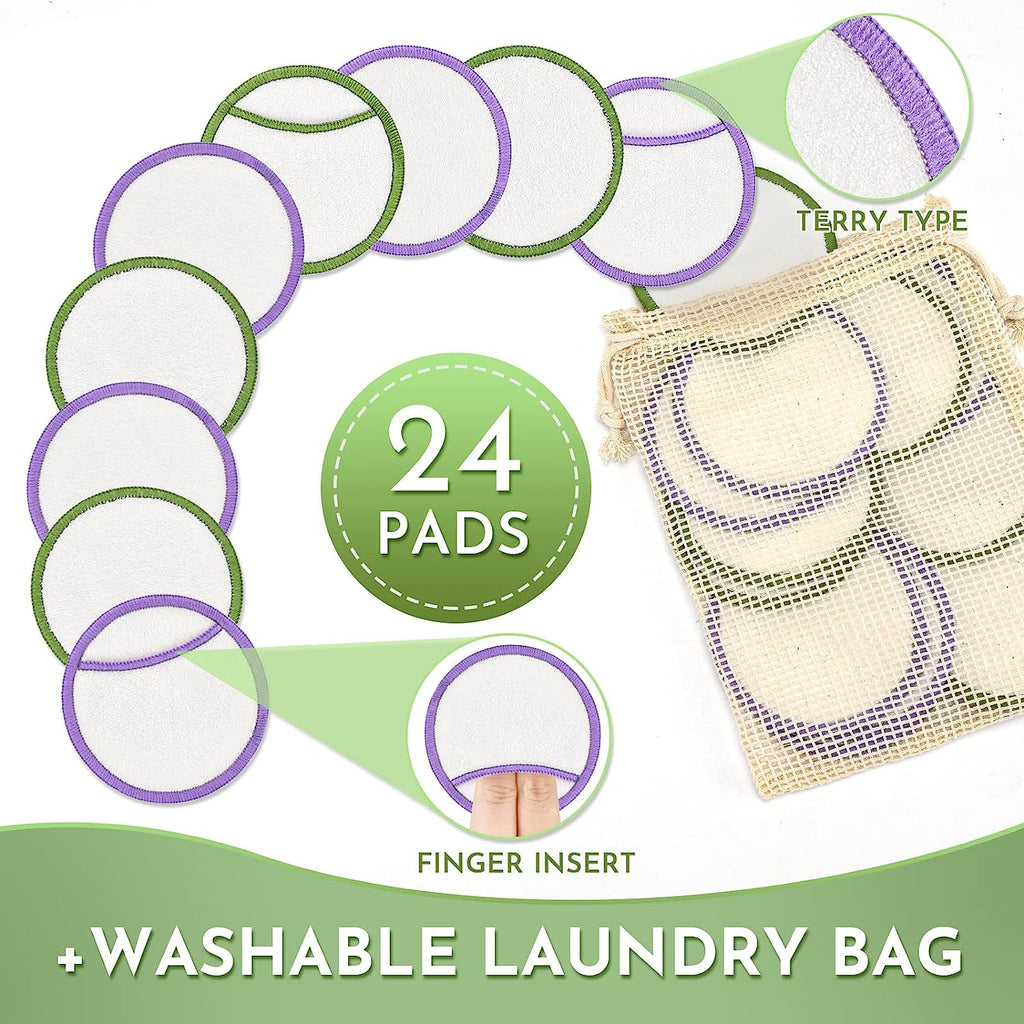 Reusable Makeup Remover Pads, Premium Eco-Friendly 24PCS Cotton Pads Soft Bamboo Face Pads for All Skin Types Double-Sided & Organic Washable Cotton Wool Pads W/ Laundry Bag, 0.14 Kg