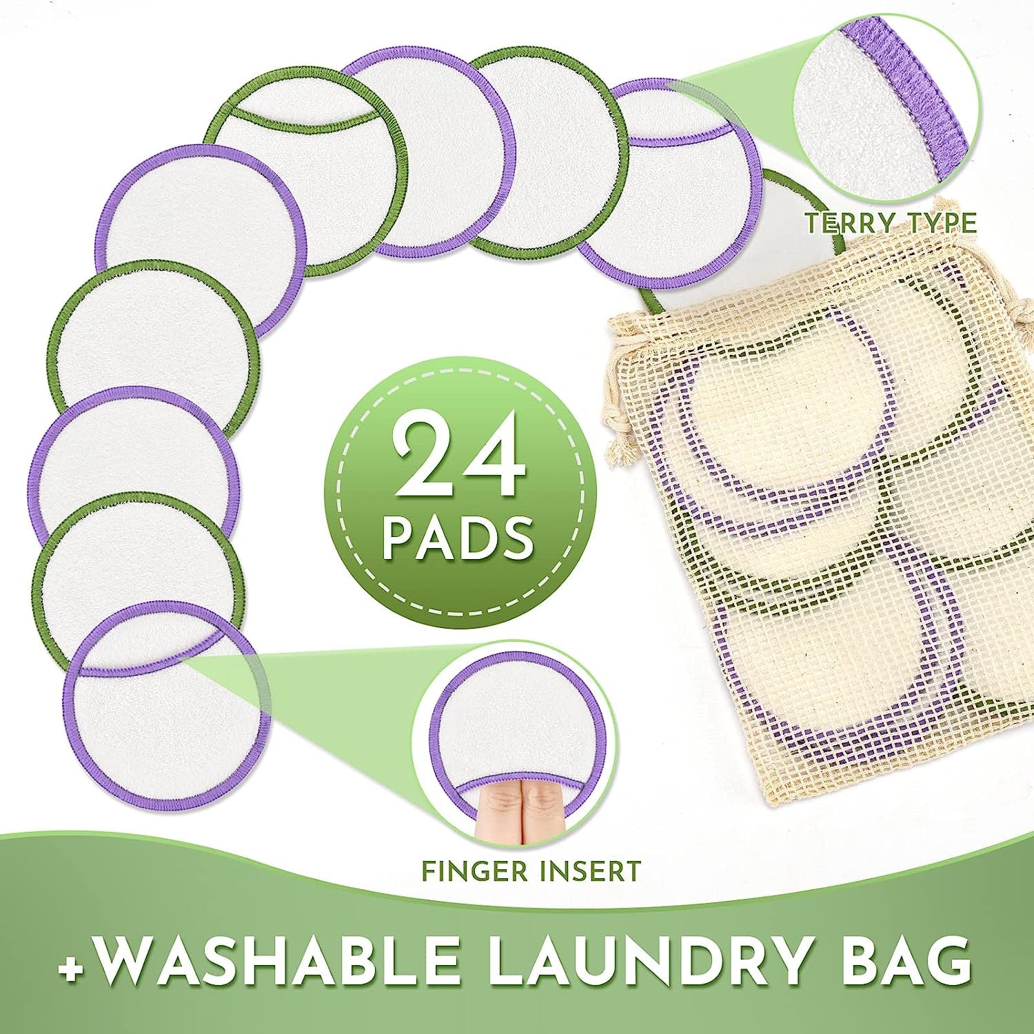 Reusable Makeup Remover Pads, Premium Eco-Friendly 24PCS Cotton Pads Soft Bamboo Face Pads for All Skin Types Double-Sided & Organic Washable Cotton Wool Pads W/ Laundry Bag, 0.14 Kg