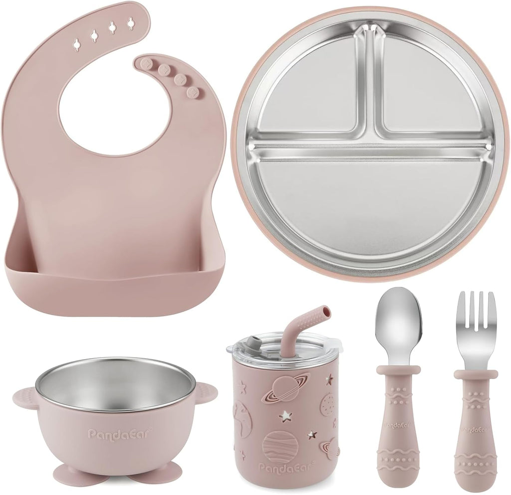 6-In-1 Stainless Steel Baby Feeding Set | Divided Baby Plates with Suction, Toddler Bowl, Sippy Cup with Straw, Baby Bib, Spoon & Fork | Bpa-Free Toddler Weaning Set