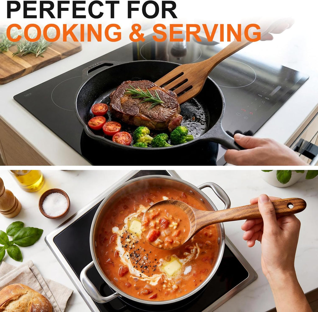 5 Pcs Luxury Wooden Kitchen Utensils Spoons Non Stick Spatula Cooking Utensil Set-Best Wood Spatulas Paddle, Slotted Spatula, Angled Turner Spatulas, Serving Cooking Spoon & Mixing Spoon Utensils