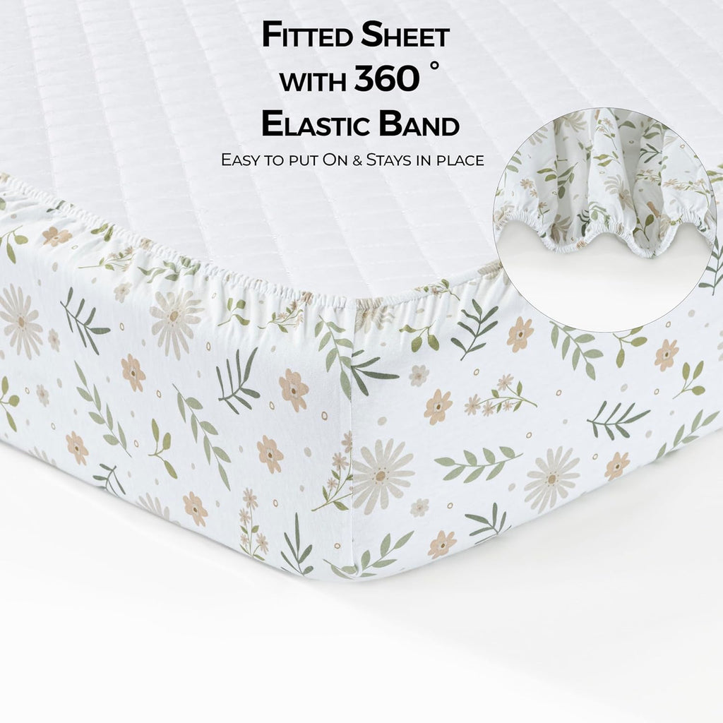 Cotton Cot Sheets,100% Cotton Jersey Sheet, Soft and Breathable Fitted Sheet, Girls, Boys,Baby Mattress Sheet,Crib Sheets,Cot Sheets 120X60 Fitted | Green, Flowers