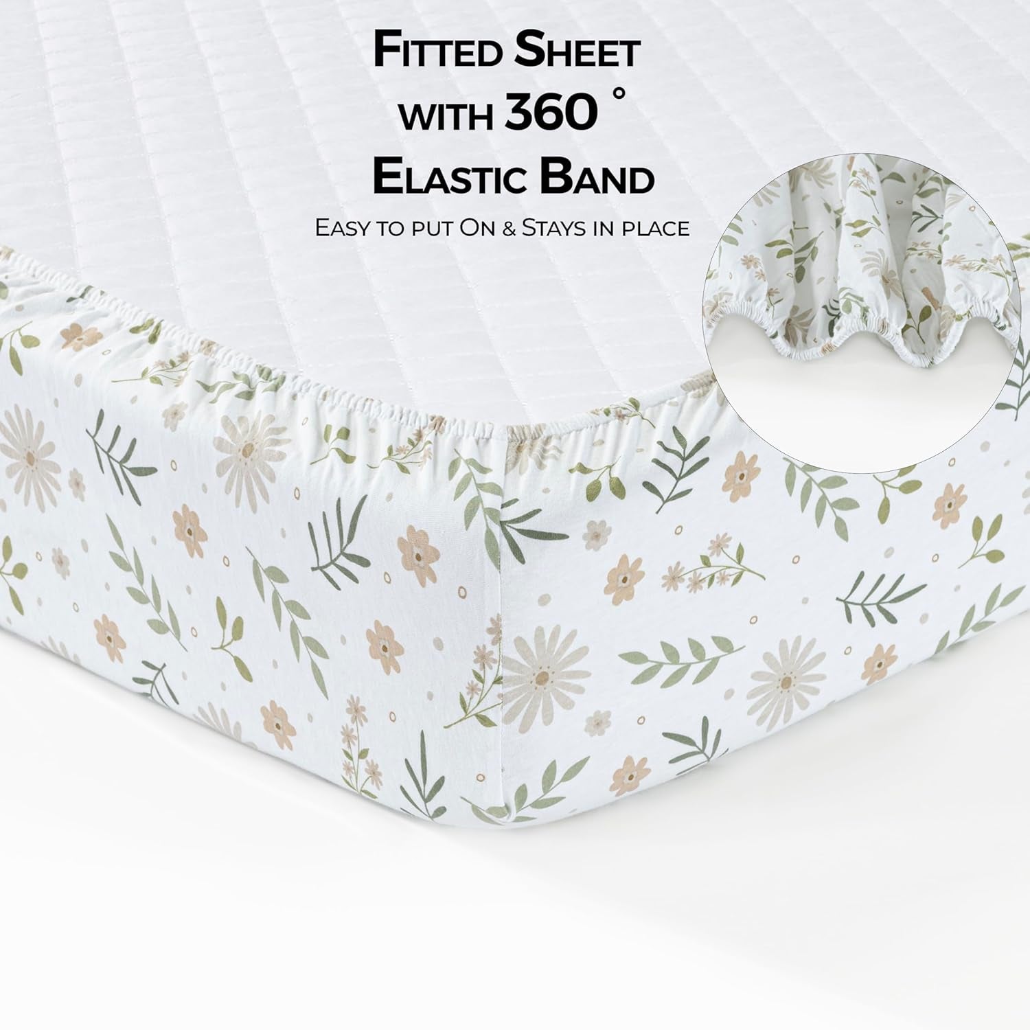 Cotton Cot Sheets,100% Cotton Jersey Sheet, Soft and Breathable Fitted Sheet, Girls, Boys,Baby Mattress Sheet,Crib Sheets,Cot Sheets 120X60 Fitted | Green, Flowers